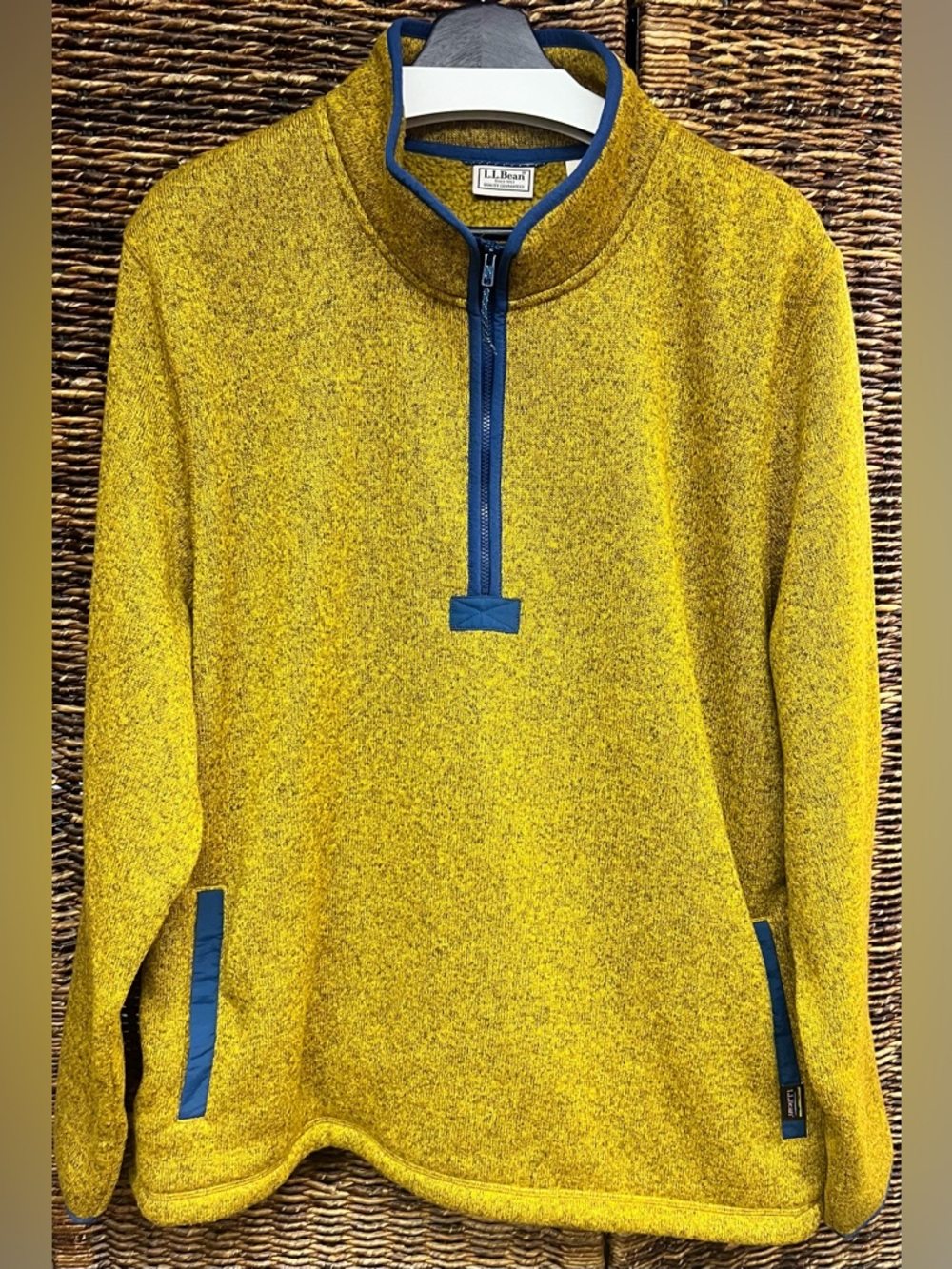 L.L. Bean Men's-Mustard Heather Color-Quarter-Zip Fleece with Blue Trim, XXL-REG
